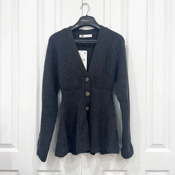 Zara | Peplum Button-Up Cardigan Sweater | Dark Gray | S - Picture 4 of 5